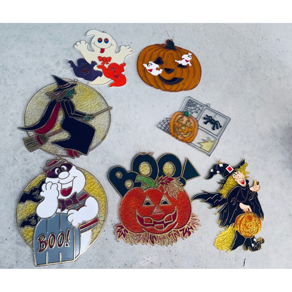 Vintage Halloween Suncatcher Set Witch Ghost Pumpkin Window Decor Lot 7pc
